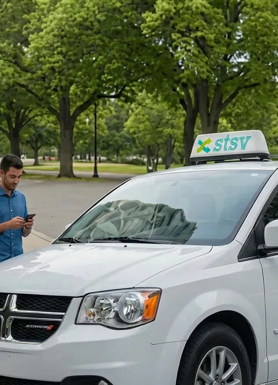 Un usager consulte son téléphone à côté d’un véhicule Communobus