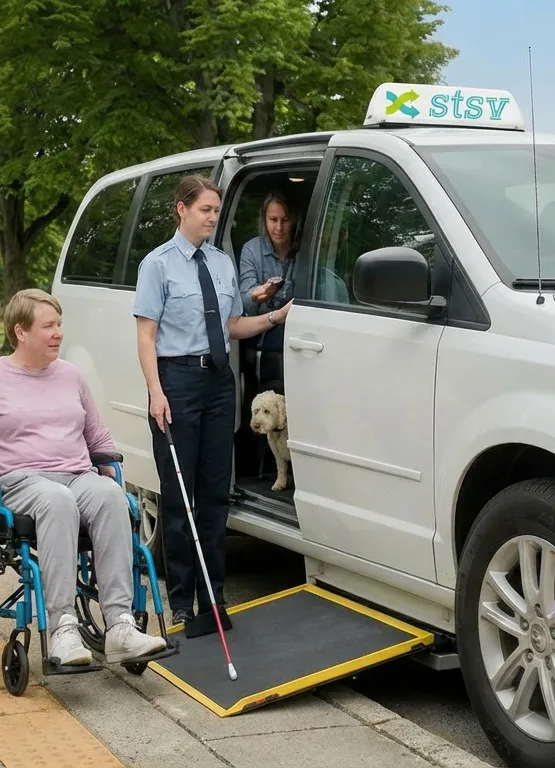 Une chauffeuse accompagne une usagère en fauteuil roulant vers un véhicule adapté