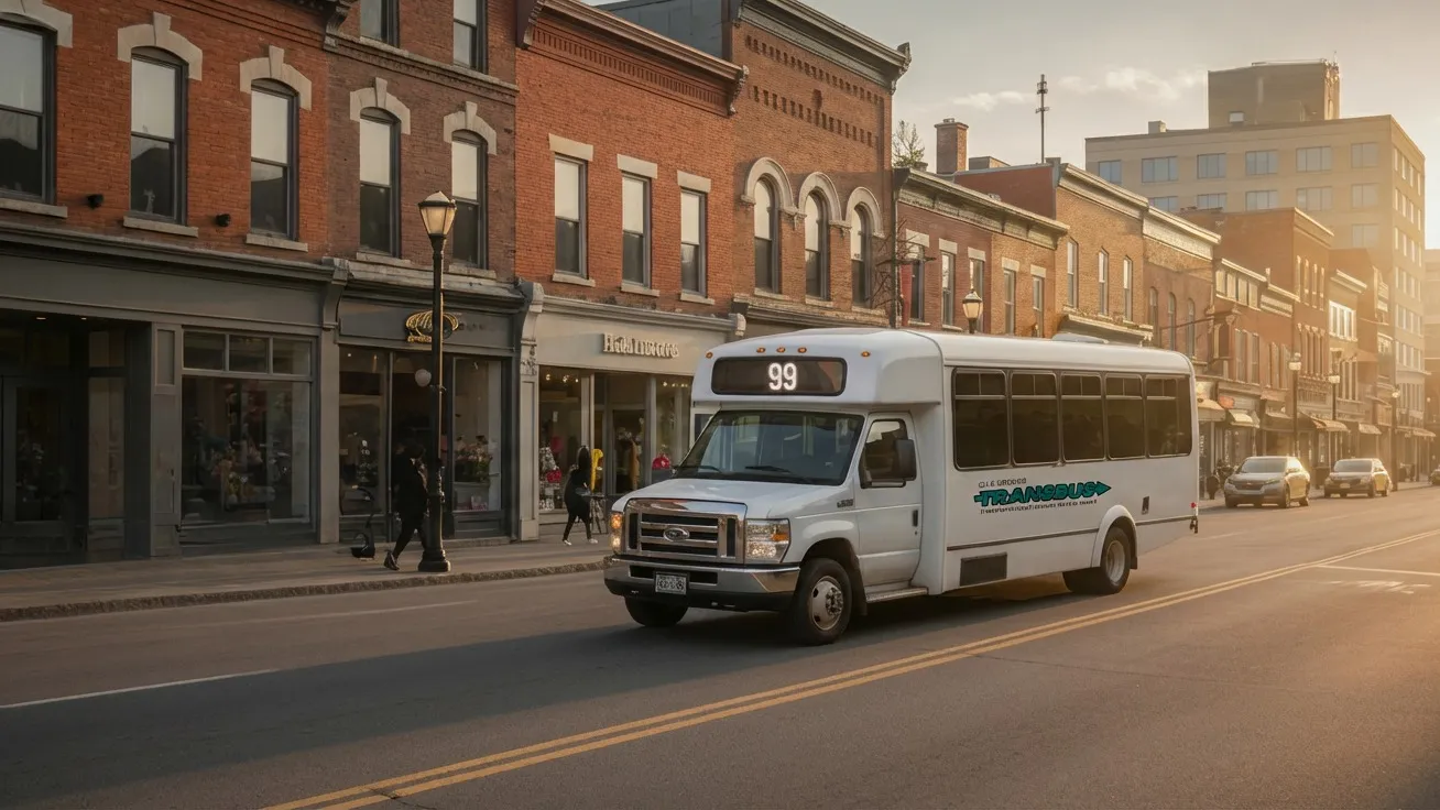 Un autobus de la ligne 99 circule dans une rue commerçante de Salaberry-de-Valleyfield
